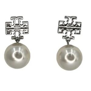 Tory Burch Britten Small Pearl Drop Earring White Gold Plated New